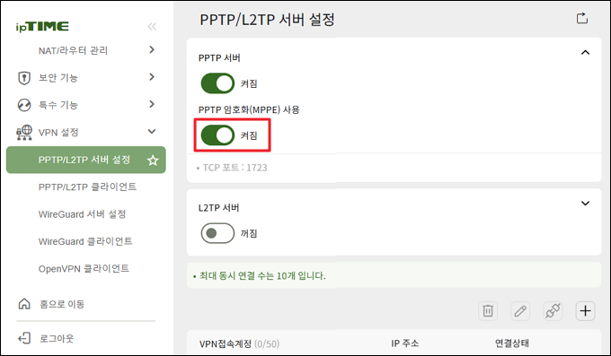 PPTP 암호화(MPPE) 사용